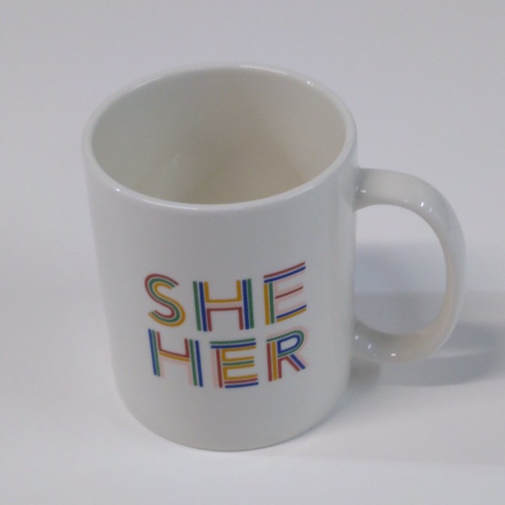 SHE HER Pronouns Friendly Room Essentials Stoneware Coffee Mug Tea Cup  NWT